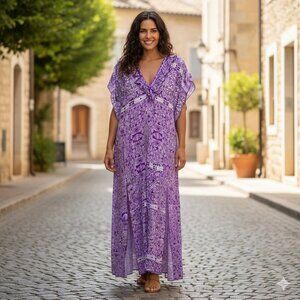 Feather & Find Maxi Dress Purple Floral Sequin V Neck Drape Ruffle Tie Kaftan OS